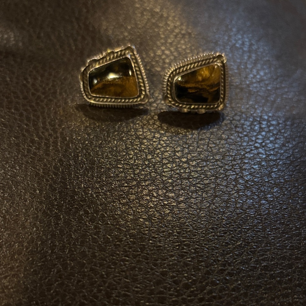 Sterling Silver Tiger's Eye Stud Earrings - Brown